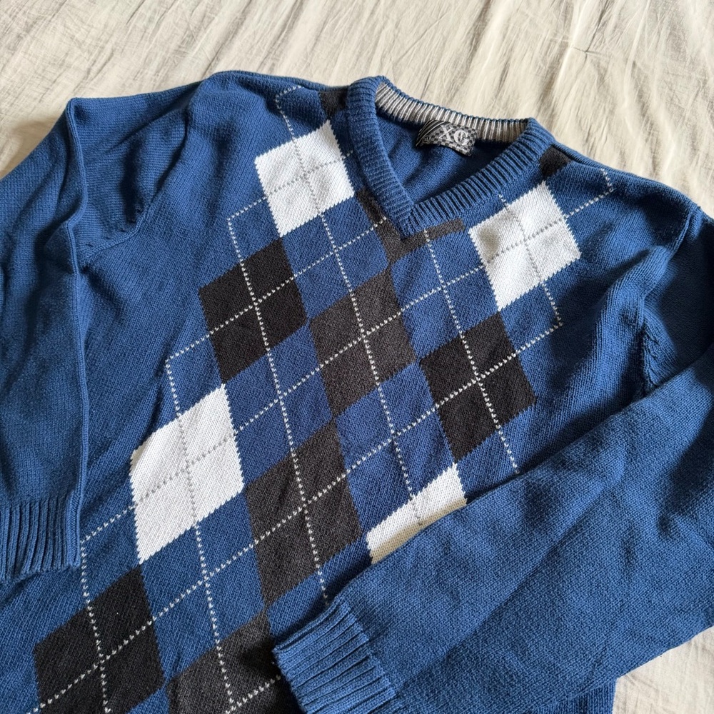 Vintage XG‎ V-Neck Argyle Sweater Men's XL Black Blue Diamond Knit Grunge Y2K